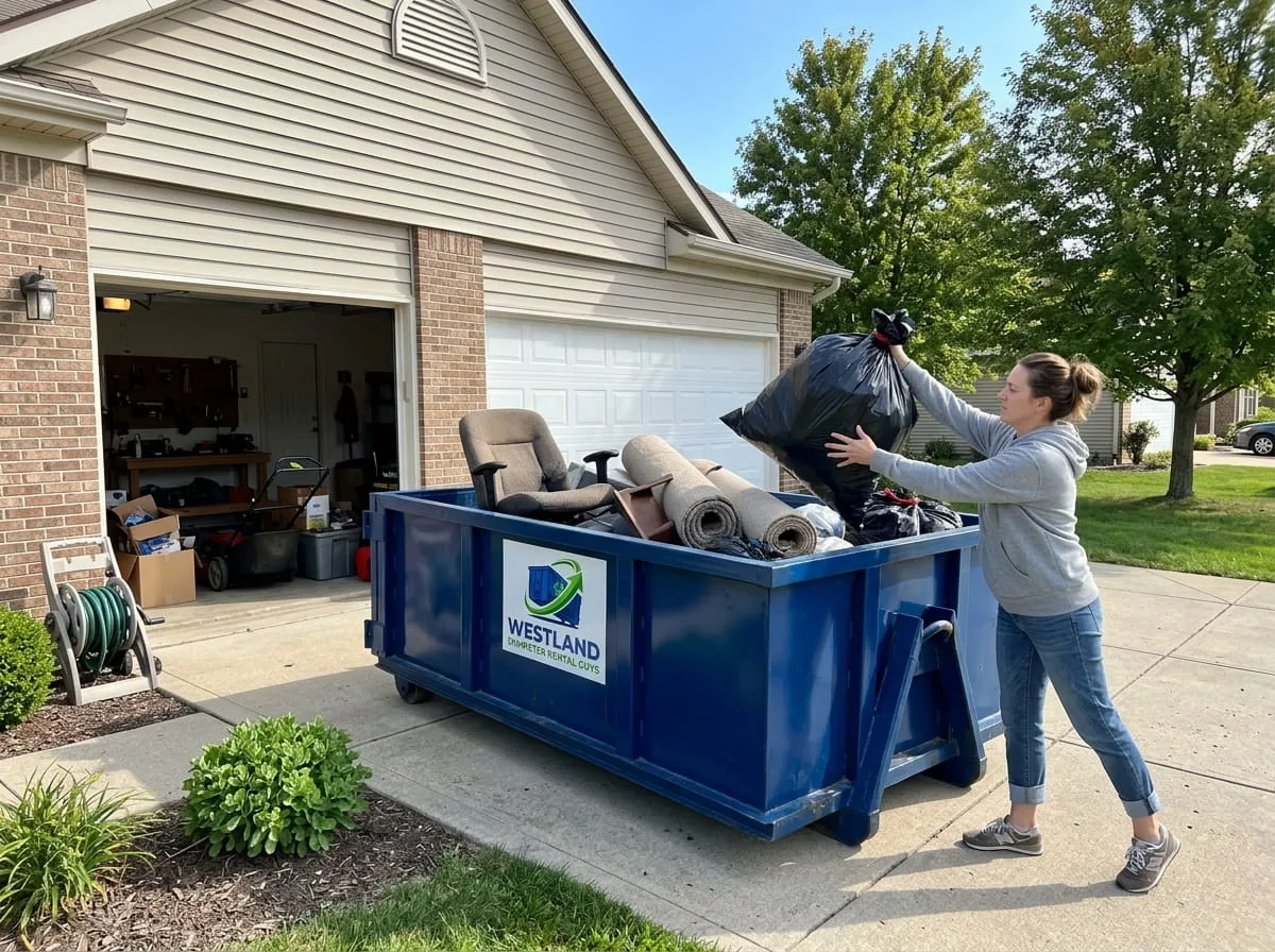 10 yard roll-off dumpster on an Westland driveway