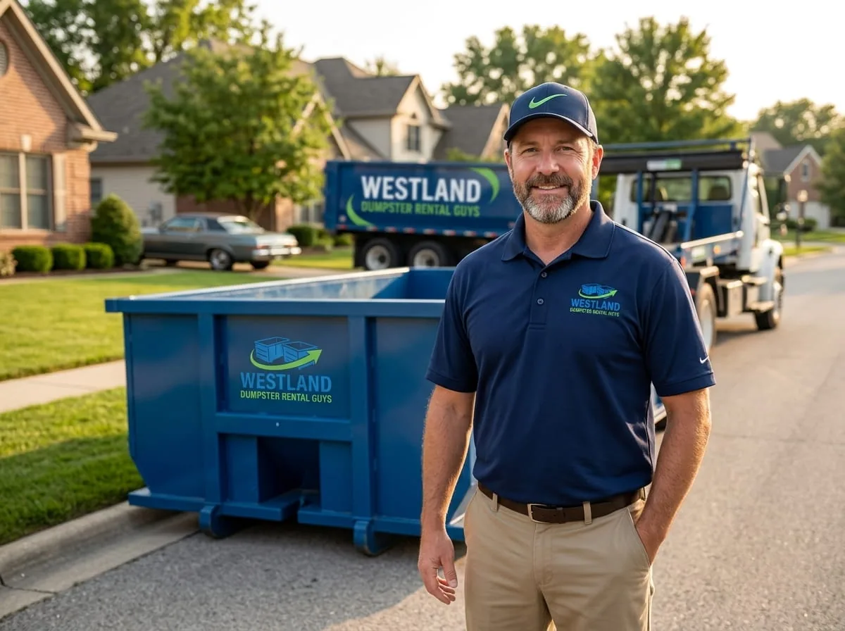 20 yard roll-off dumpster loaded with renovation debris in Westland